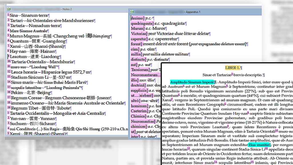 Snippets from Classical Text Editor (CTE) critical edition workflow with latin source annotations.
