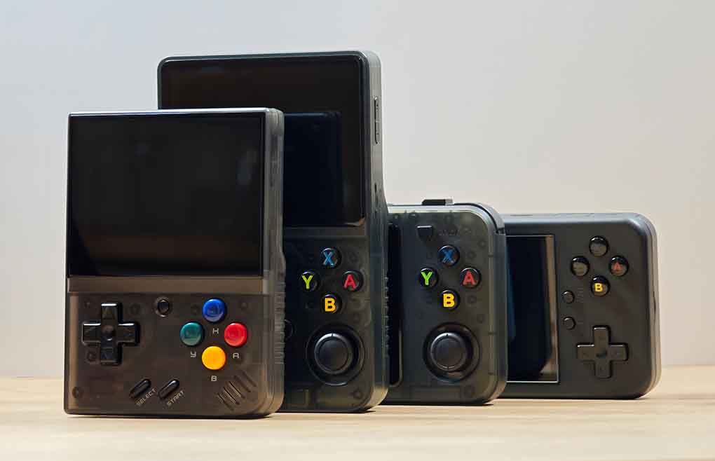From the left: Miyoo Mini Plus, R36S, R36H, MagicX One35.