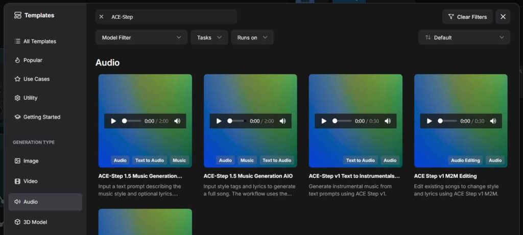 ACE-Step model workflow templates list in the ComfyUI interface.