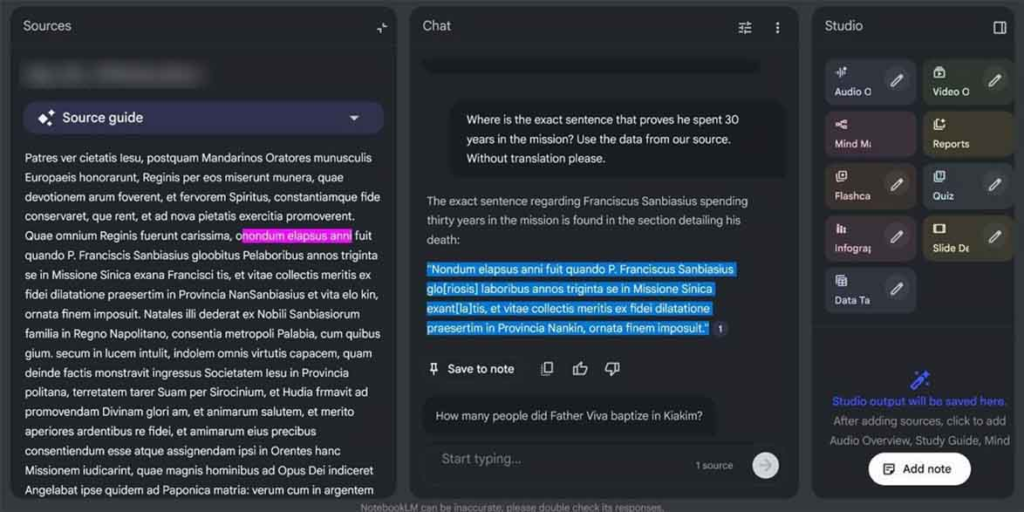 An example of a simple RAG workflow on Latin archival texts using Google's NotebookLM.