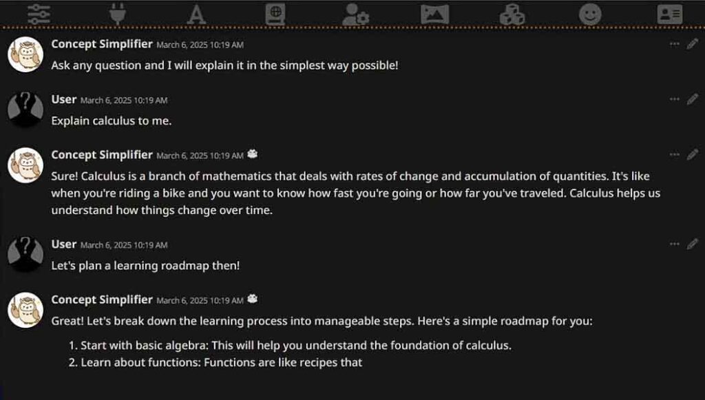 An open local chat with a "Concept Simplifier" character in SillyTavern.