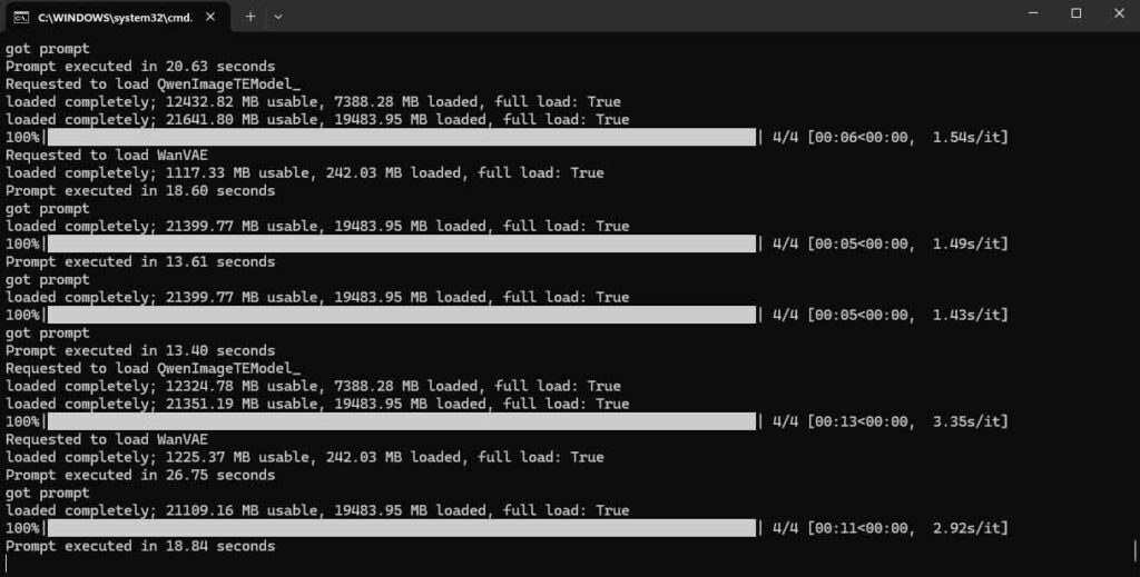 ComfyUI terminal snippet, a WAN video generation model running on a 24GB VRAM NVIDIA RTX 3090 GPU.